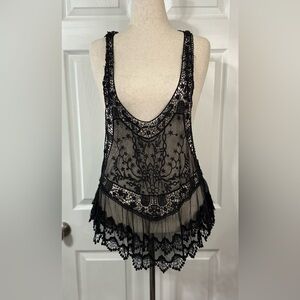 Black Unconventional Lace Sleeveless Tank Top Layering Dark Fairy Whimsy Goth
